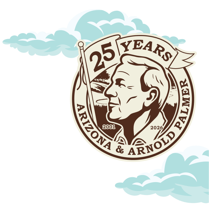Logo celebrating 25 years of Arizona & Arnold Palmer with a profile of a person and a banner.