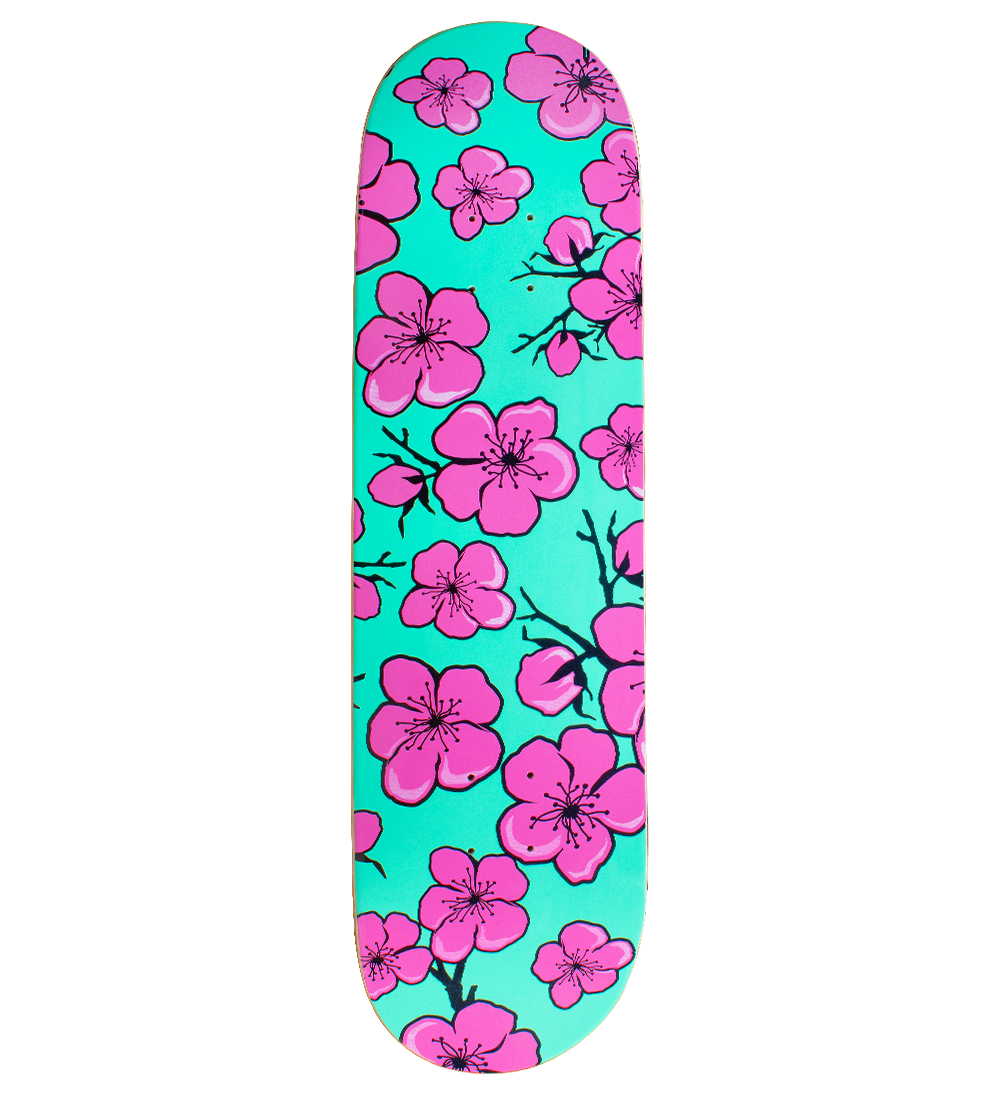 Teal & Pink Cartoon Blossom Skateboard Deck