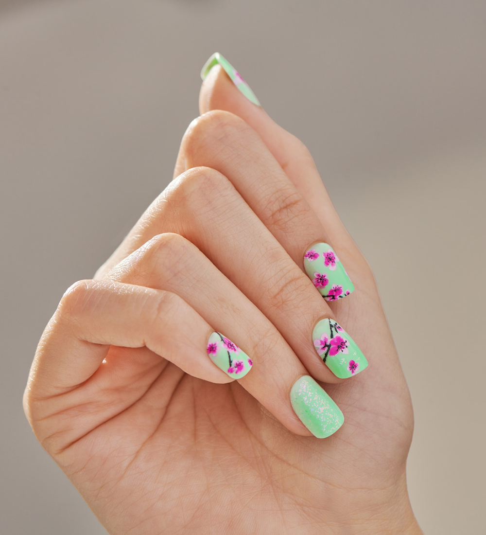 Teal & Pink Cherry Blossom Press-On Nails