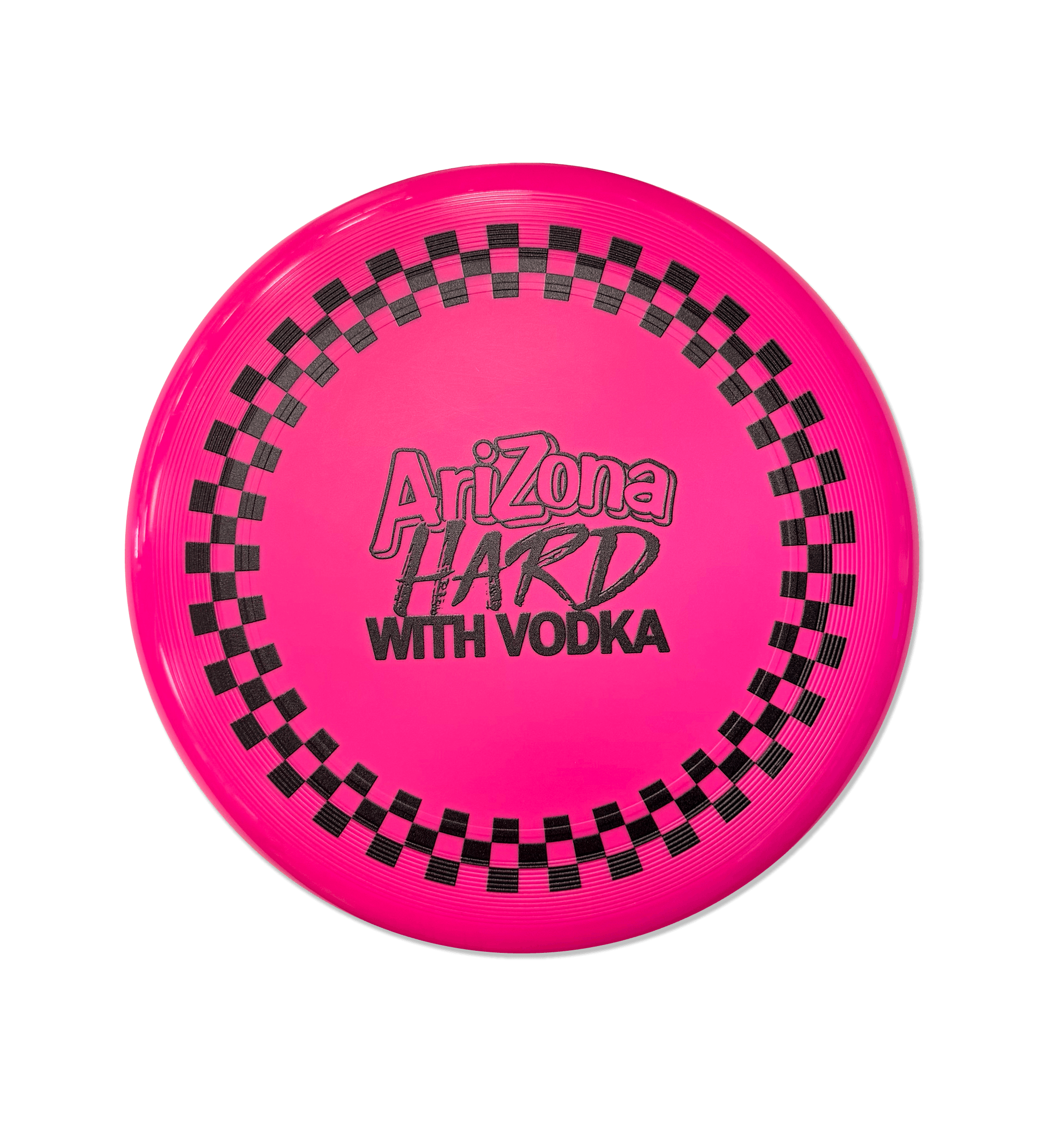 A bright pink Arizona Hard with Vodka disc Frisbee on a solid black background.