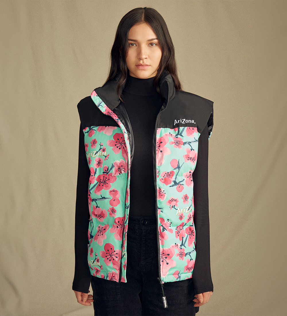 Black & Teal Cherry Blossom Puffer Vest