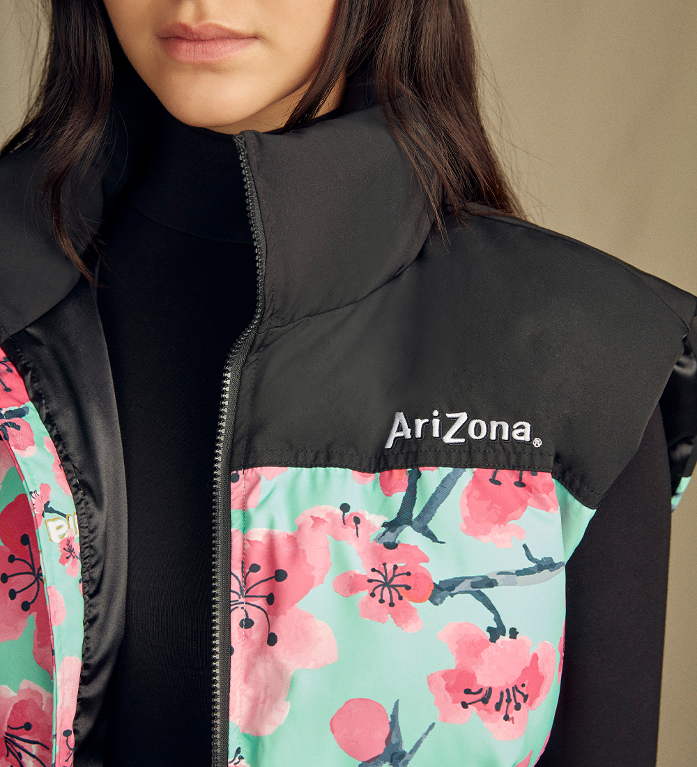 Black & Teal Cherry Blossom Puffer Vest