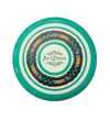 A circular flying disc with a turquoise outer ring, concentric white and dark gray rings, and a central cream circle featuring the 'AriZona' brand name and geometric patterns in pink, yellow, and teal, set against a solid black background.