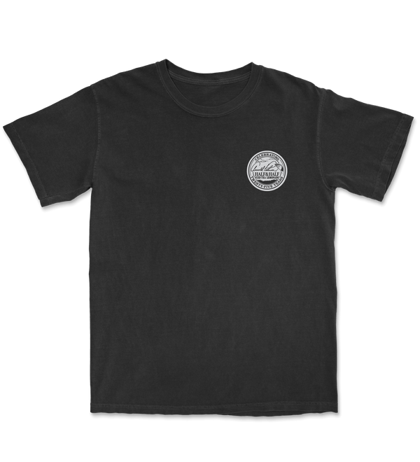 Black t-shirt with a white logo on a black background