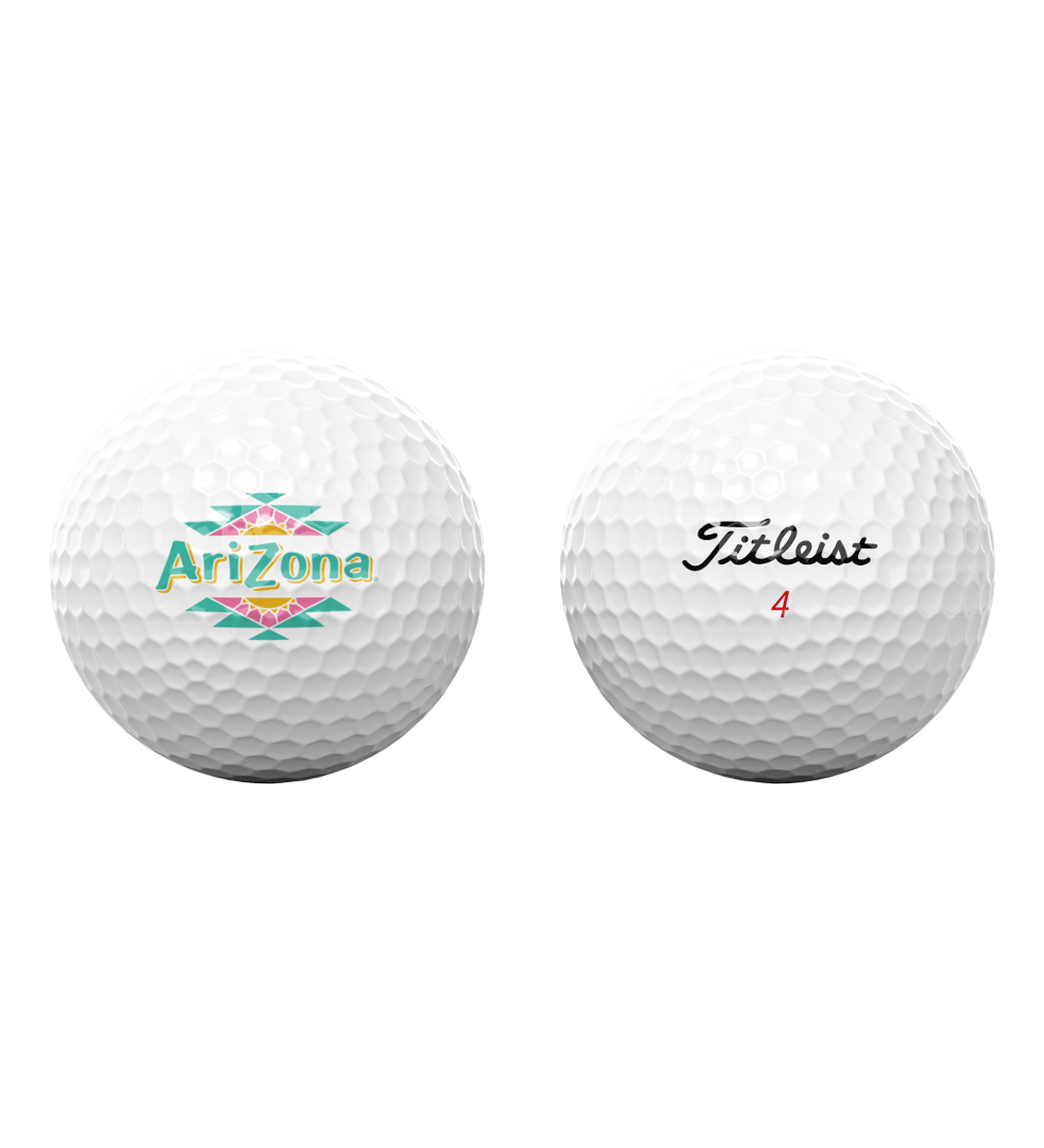 Two golf balls, one with 'Arizona' logo and the other with Titleist branding, on a white background.