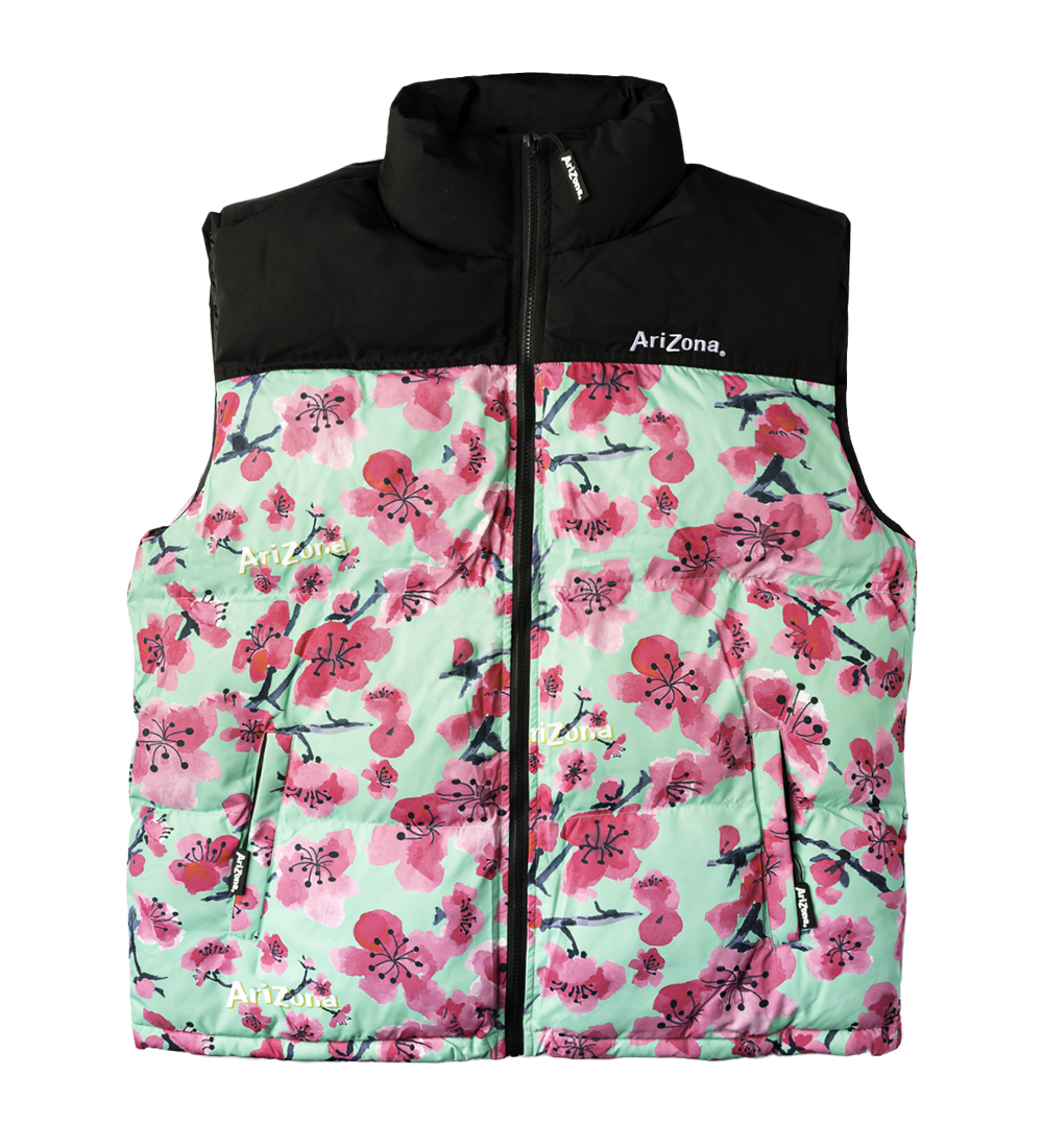 Black & Teal Cherry Blossom Puffer Vest