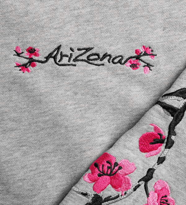 Grey AriZona Cherry Blossom Zip Up Hoodie Close-up Front Image