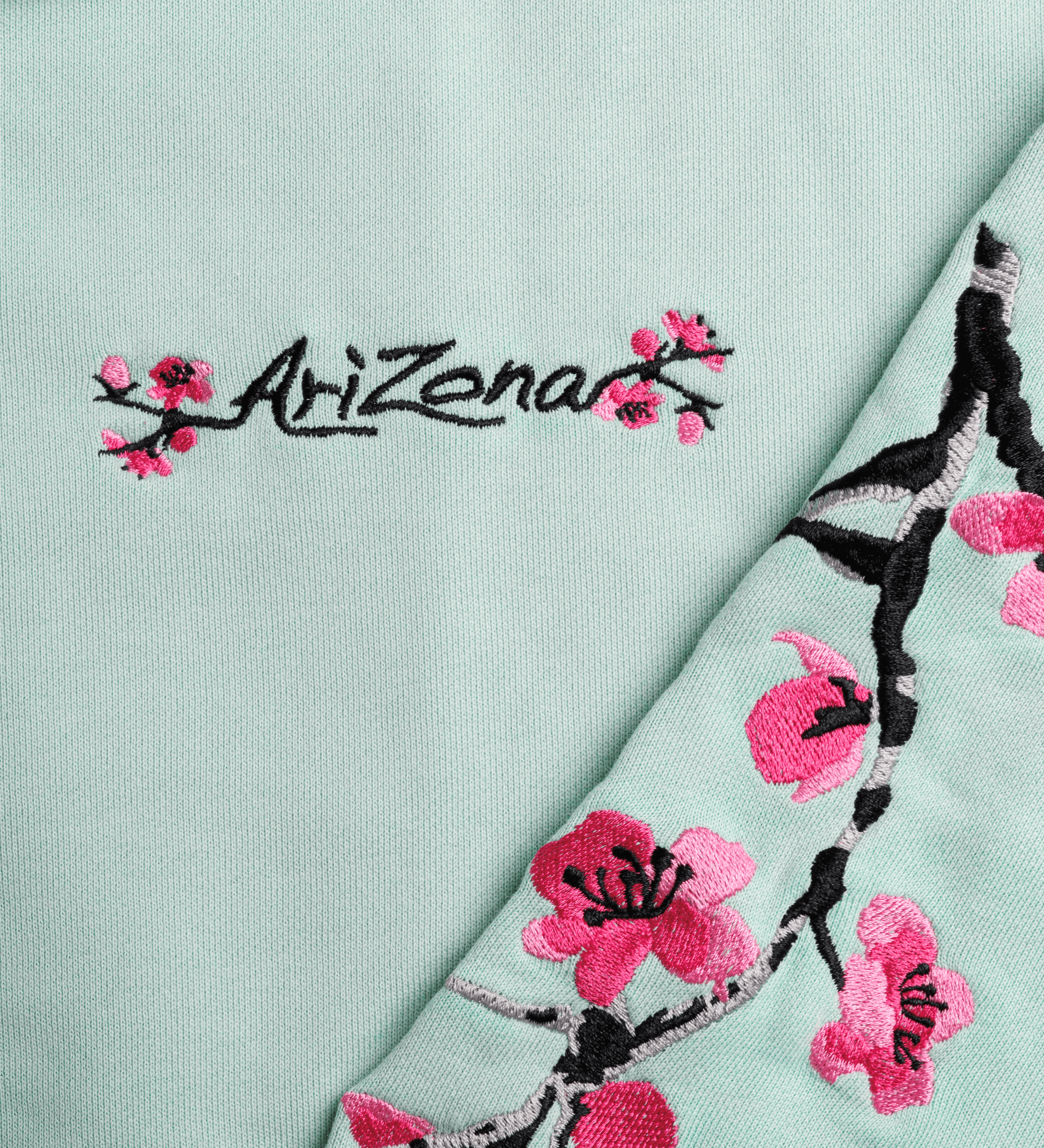 Teal AriZona Cherry Blossom Zip Up Hoodie Close-up Front Image