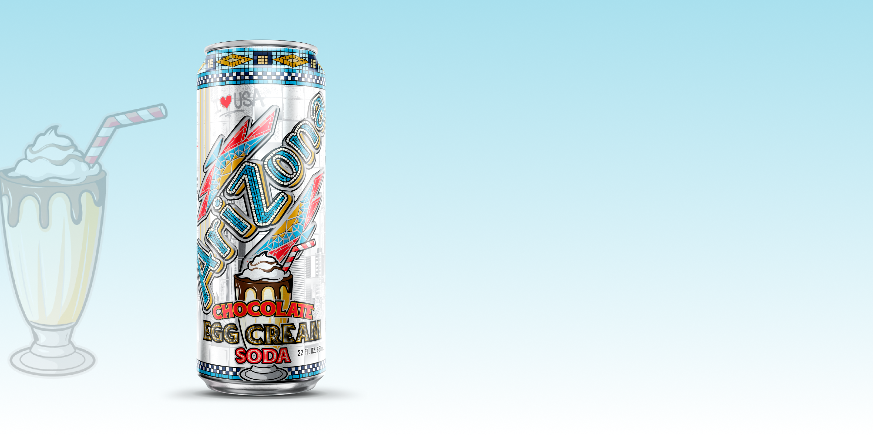 Can of Chocolate Egg Cream Soda with a milkshake graphic on a light blue background