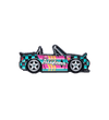 A die-cut enamel pin shaped like a convertible sports car, featuring a vibrant pink and teal checkered pattern with yellow stripes, a black hood, and 'AirZone' printed on the side, shown on a plain white background.
