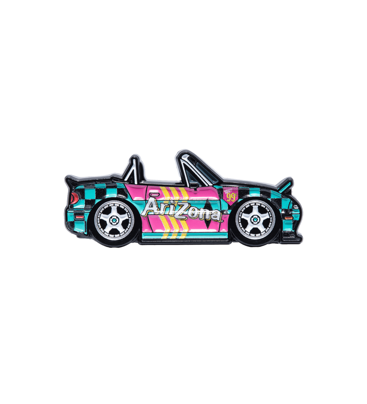 A die-cut enamel pin shaped like a convertible sports car, featuring a vibrant pink and teal checkered pattern with yellow stripes, a black hood, and 'AirZone' printed on the side, shown on a plain white background.