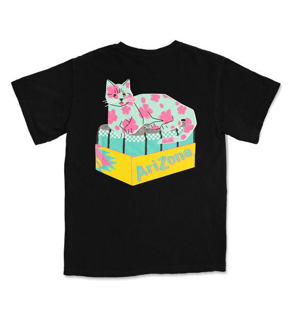 Black t-shirt with a colorful graphic of a cat on a box labeled 'Arizona'