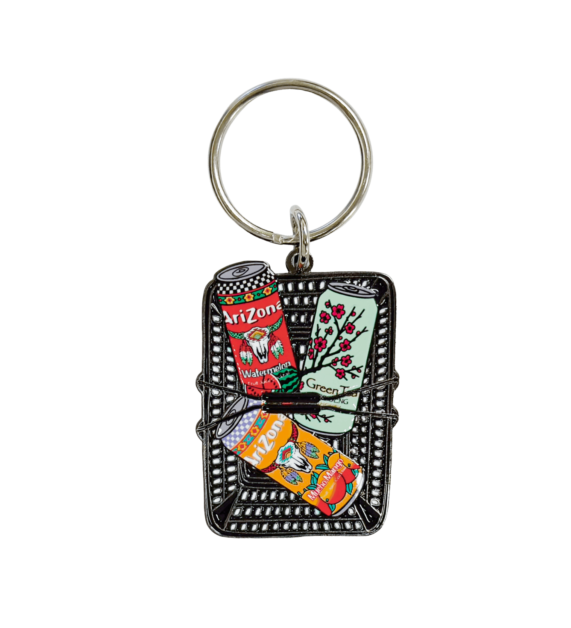 Keychain with colorful packaging design on a black background