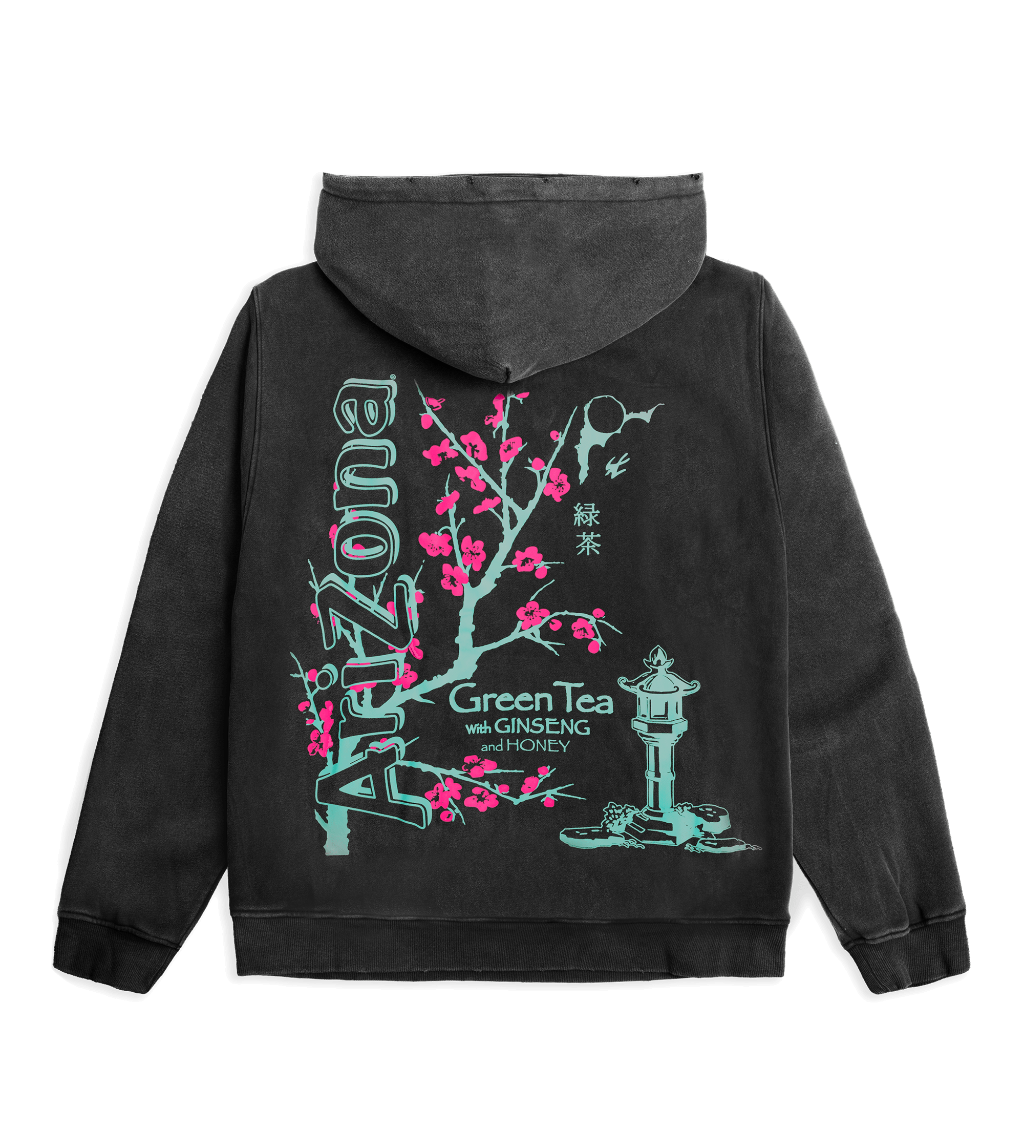 Black hoodie with cherry blossom design and 'Arizona' branding on the back
