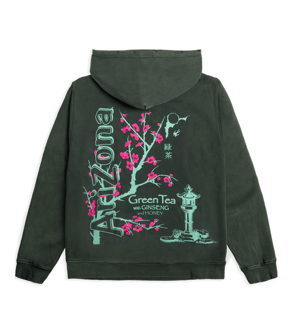 Black hoodie with 'Arizona Green Tea' design on the back