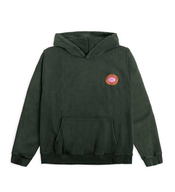 Green hoodie with a colorful logo on the chest against a white background