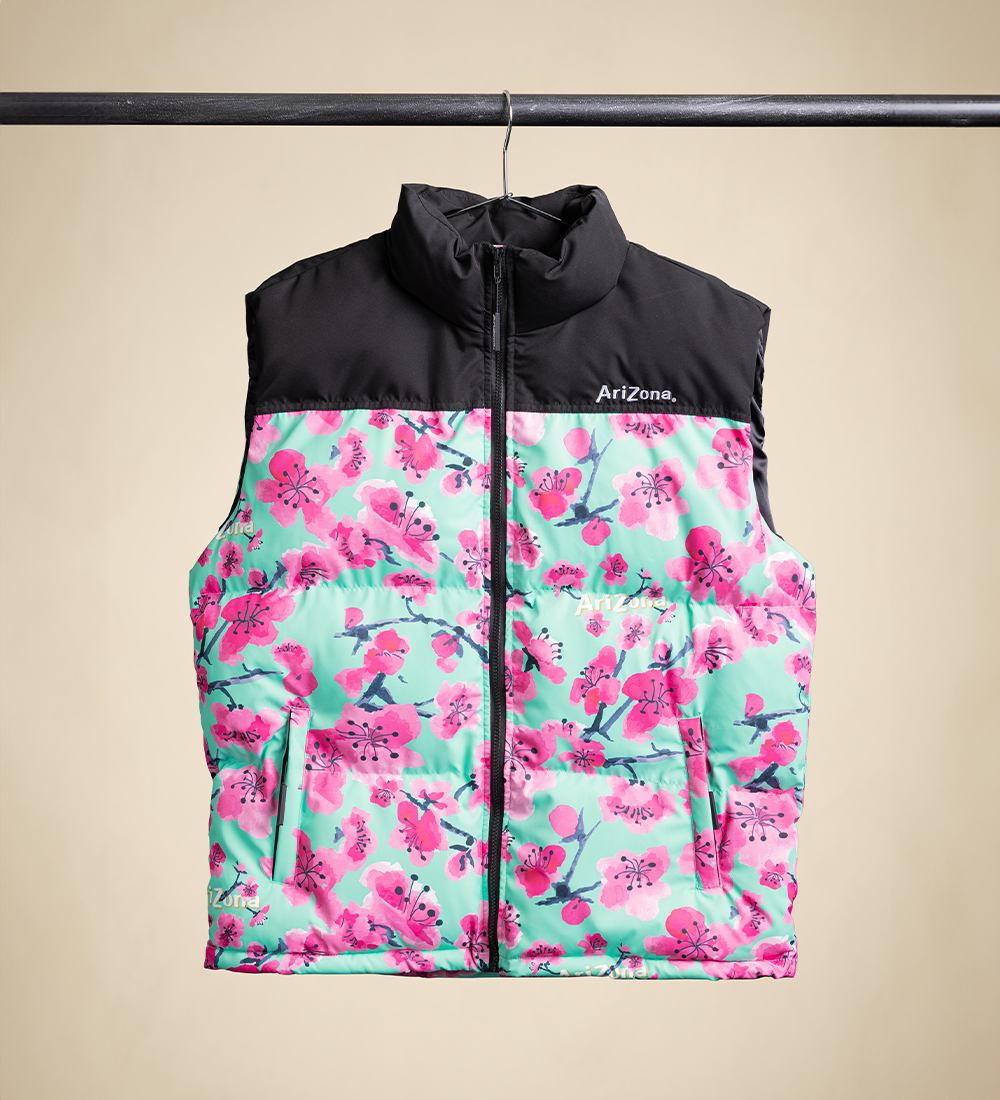 Black & Teal Cherry Blossom Puffer Vest