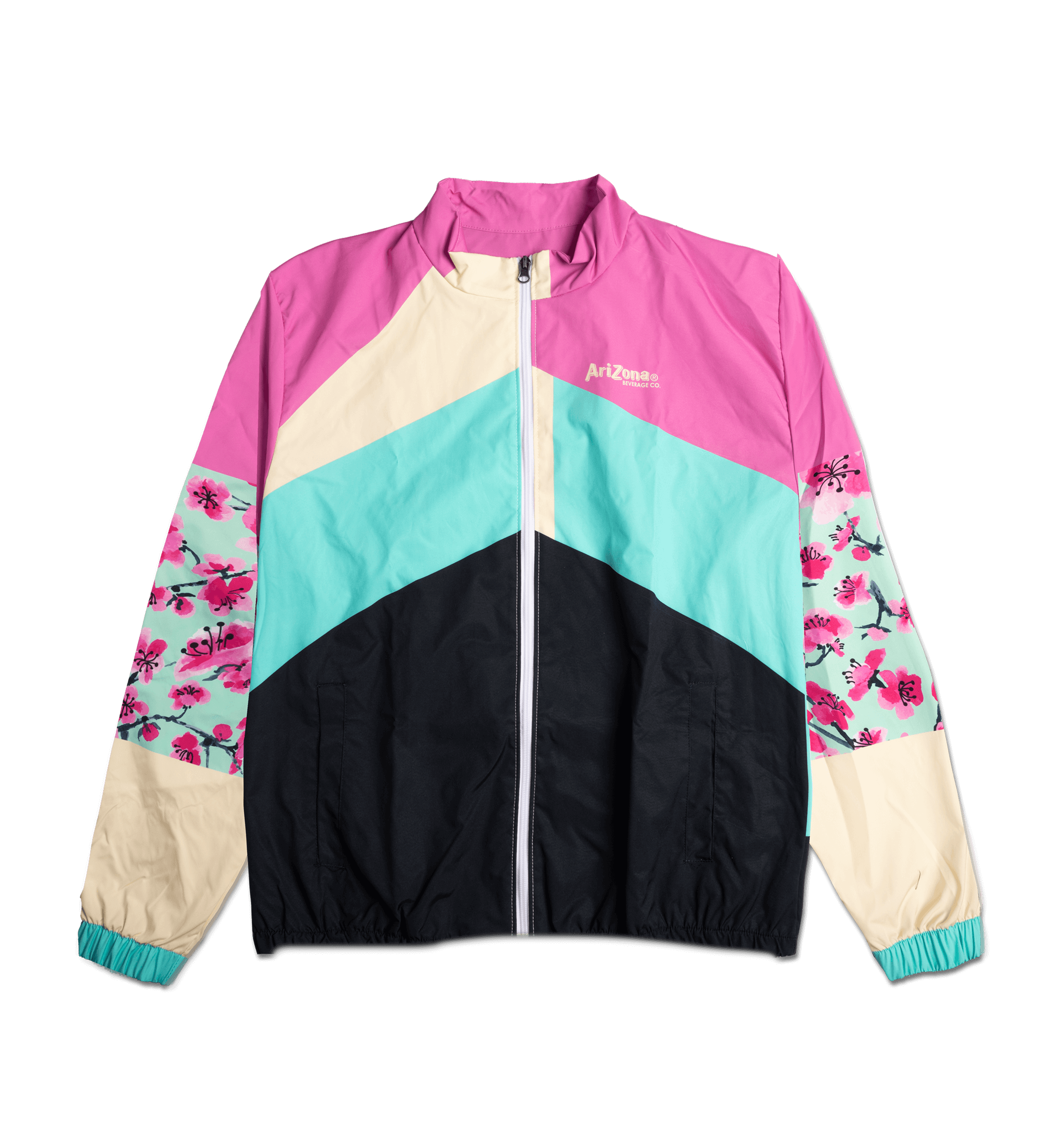 Pink & Black Cherry Blossom Color-Blocked Windbreaker Jacket