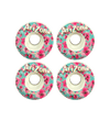 Four Arizona branded skateboard wheels with floral design on a black background