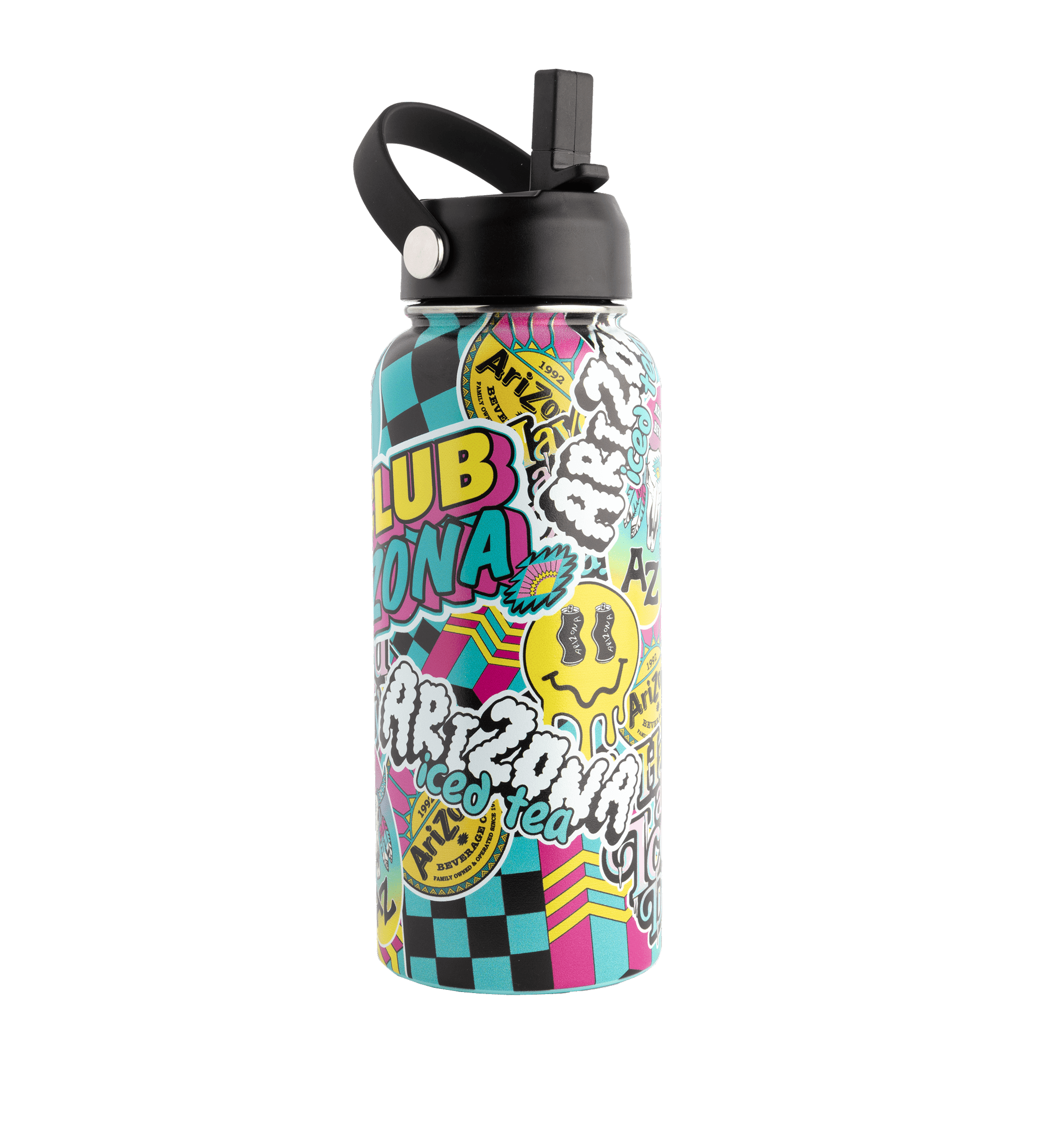Multicolored water bottle with various sticker designs and text on a black background