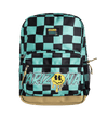 A Club Zuma Arizona backpack featuring a black and mint green checkered pattern, a large 'ARIZONA' graphic with a yellow melting smiley face on the front pocket, and a tan base.