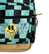 Close-up of a backpack with a black and mint green checkerboard pattern, a large yellow dripping smiley face graphic with black eyes, and the partial word 'CLUB ZONA' in mint green outlined lettering. A tan mesh side pocket and tan base are visible against a black background.