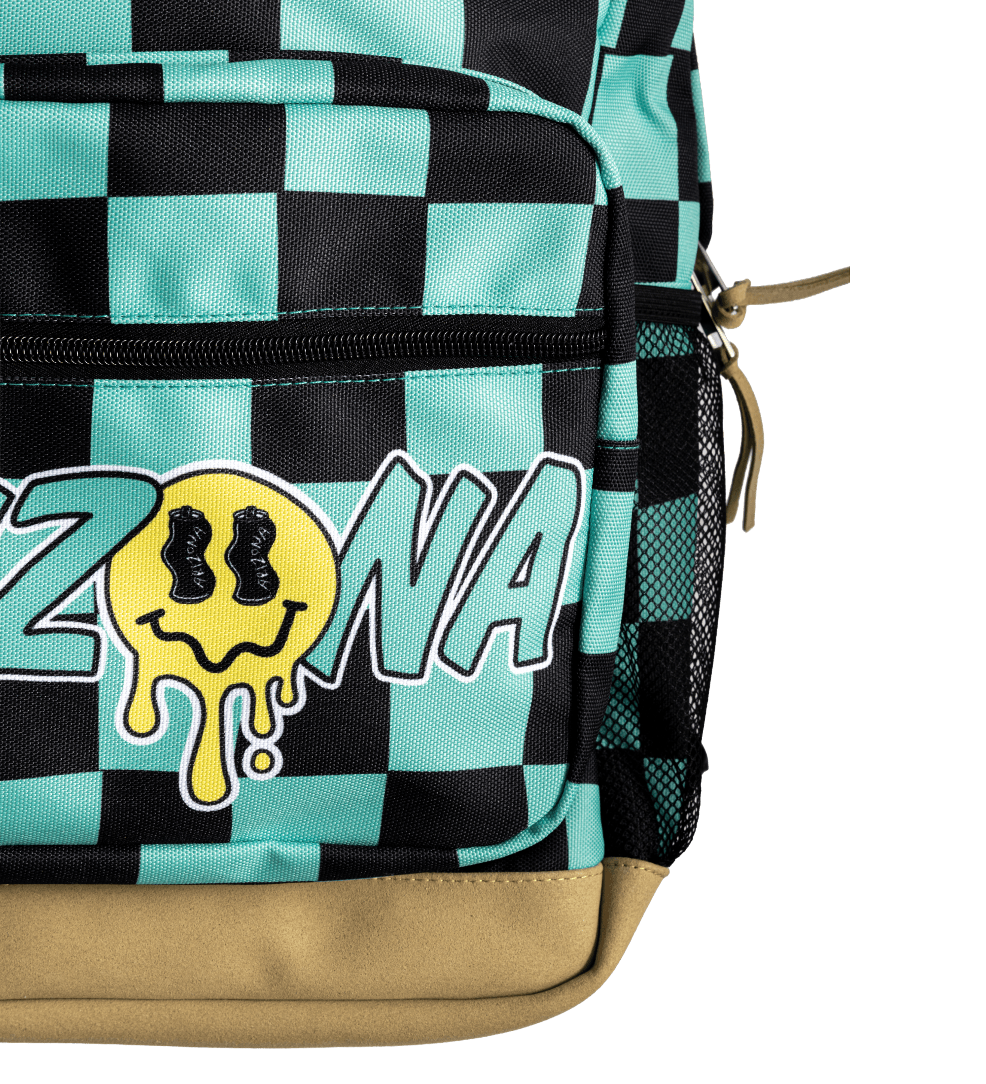 Close-up of a backpack with a black and mint green checkerboard pattern, a large yellow dripping smiley face graphic with black eyes, and the partial word 'CLUB ZONA' in mint green outlined lettering. A tan mesh side pocket and tan base are visible against a black background.