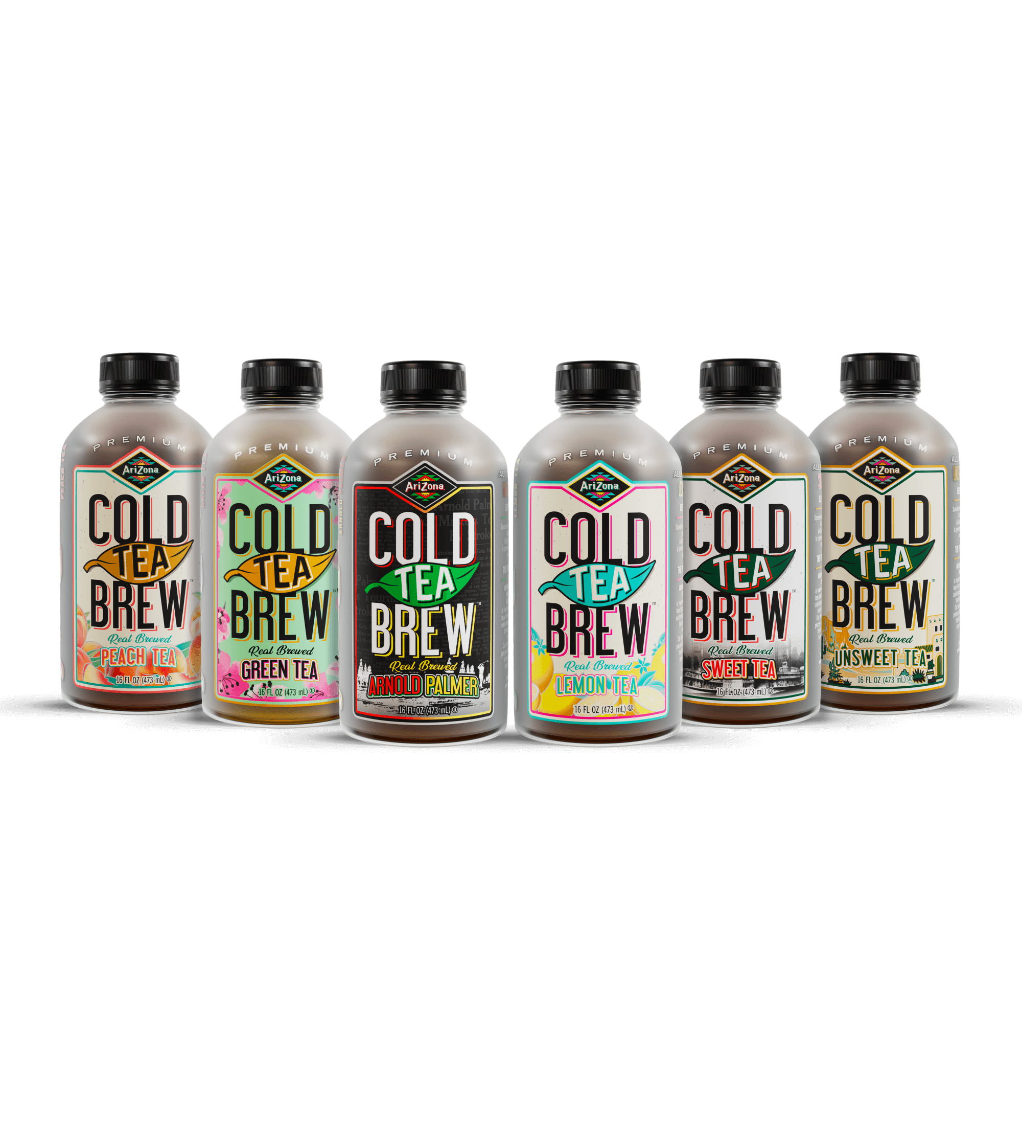 Set of six bottles of AZ Cold Brew tea with colorful labels