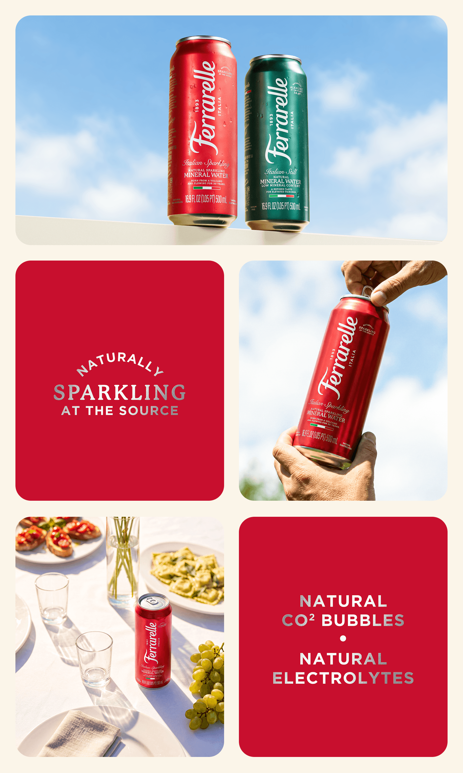 A collage-style promotional graphic for Terracle sparkling drink cans. The collage shows two cans against a cloudy sky, a hand holding a red can, red text panels reading 'Naturally Sparkling at the Source' and 'Natural CO2 Bubbles + Natural Electrolytes,' plus food and glasses in a bright outdoor setting.