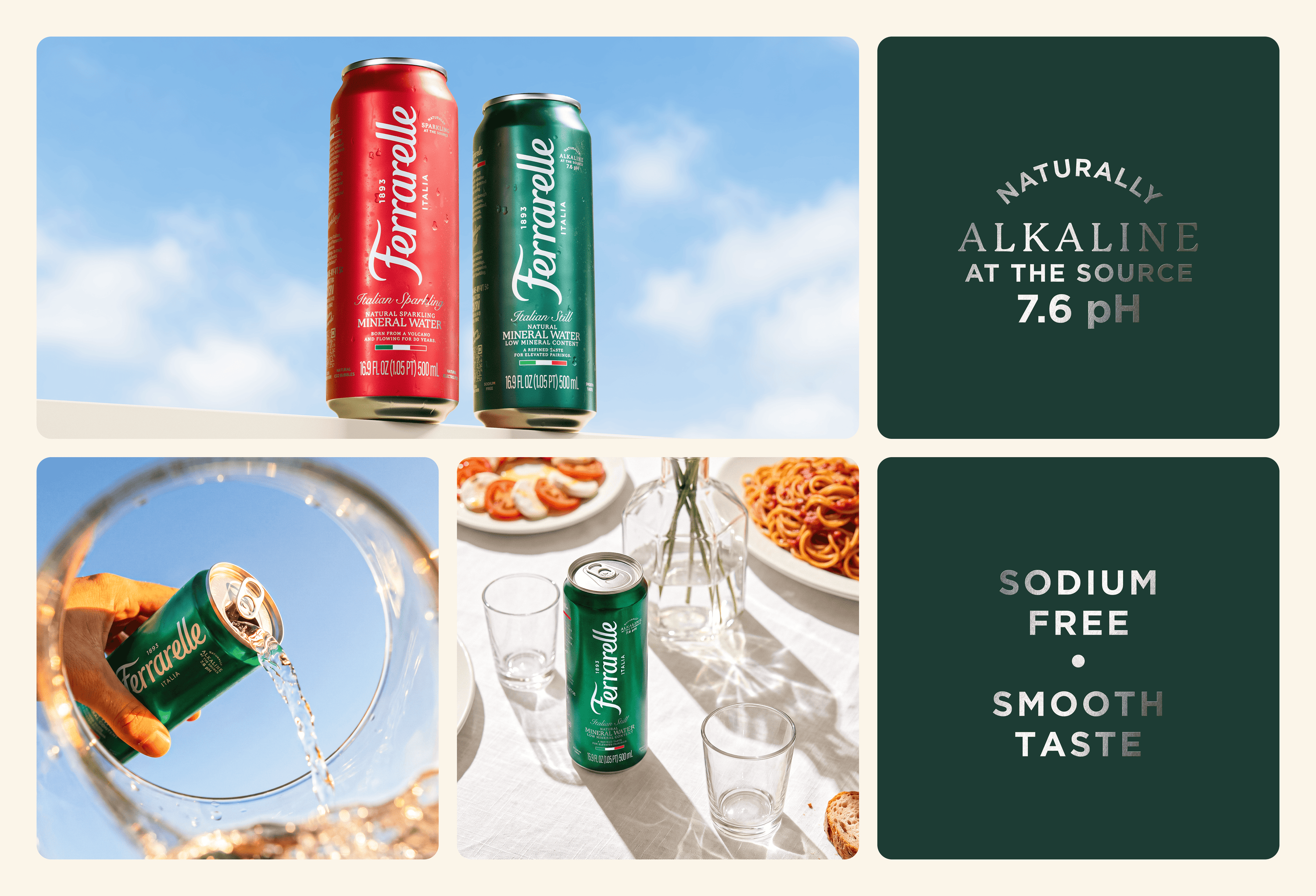 A collage-style marketing graphic for Terrarelle alkaline water. The grid shows two cans of Terrarelle (one red, one green) against a blue sky, a hand pouring water from a can into a glass, and food plates in the background.