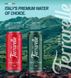 Two Ferrarelle Aluminum cans. On the left Italian sparkling Born naturally Sparkling from the heart of an ancient volcano fand flows for 30 years. On the right Italian Still Naturally alkaline at the source with a 7.6 pH, Low mineral content and smooth taste