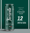 Dark Green Farrarelle Aluminum can. Next to it in texts reads "Imported. Naturally Alkaline at the source 7.6 pH. 12 16.9 ounce Cans.
