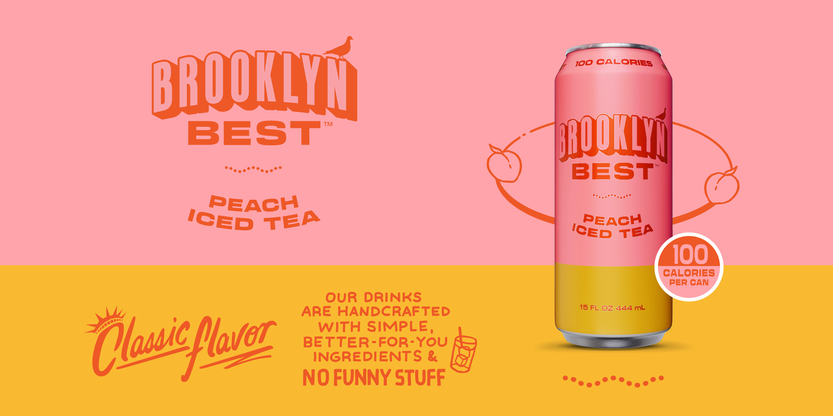 Brooklyn Best Peach Iced Tea can on a pink and yellow background