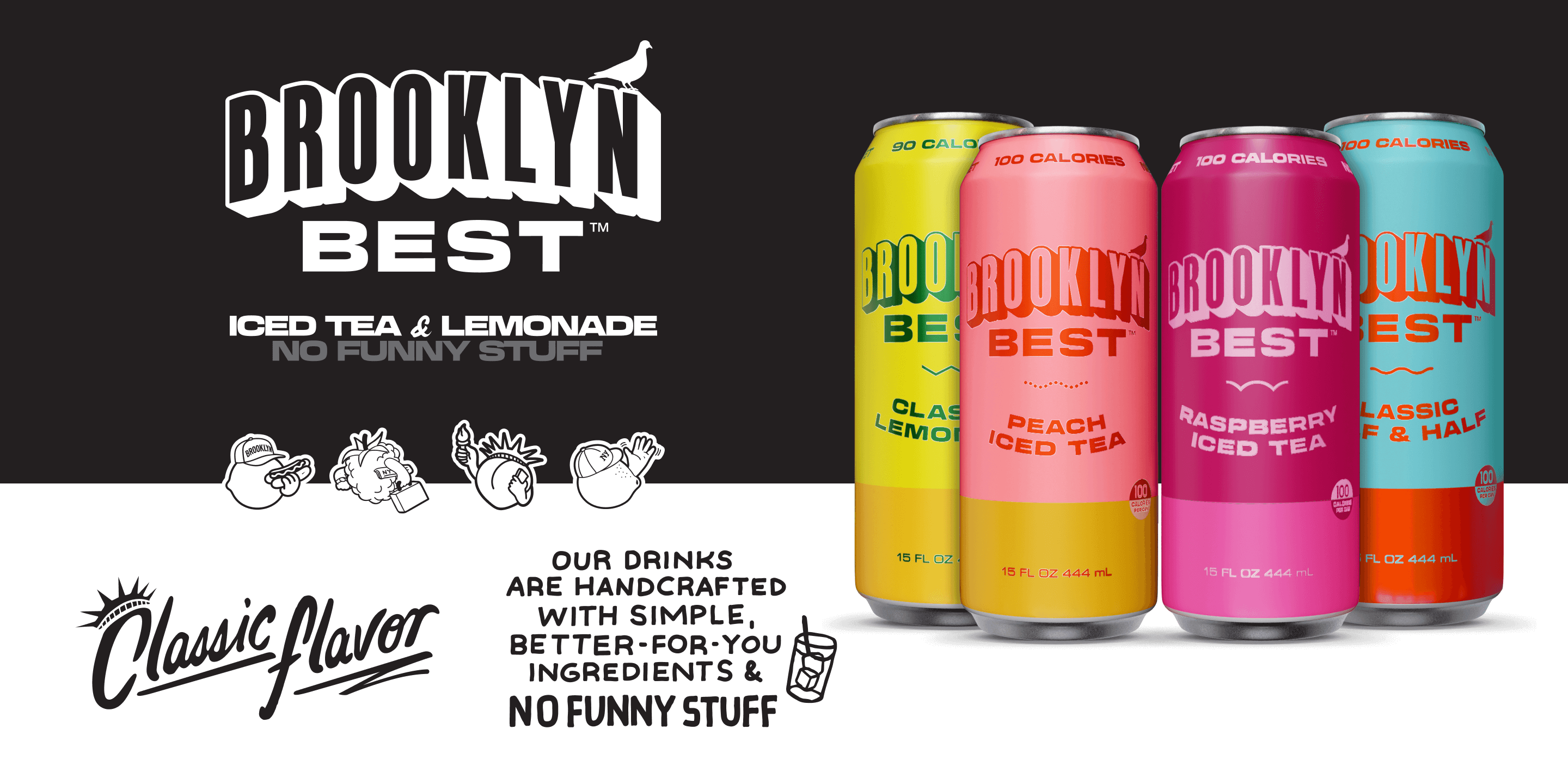 Four colorful cans of Brooklyn Best iced tea and lemonade on a white background with black text.
