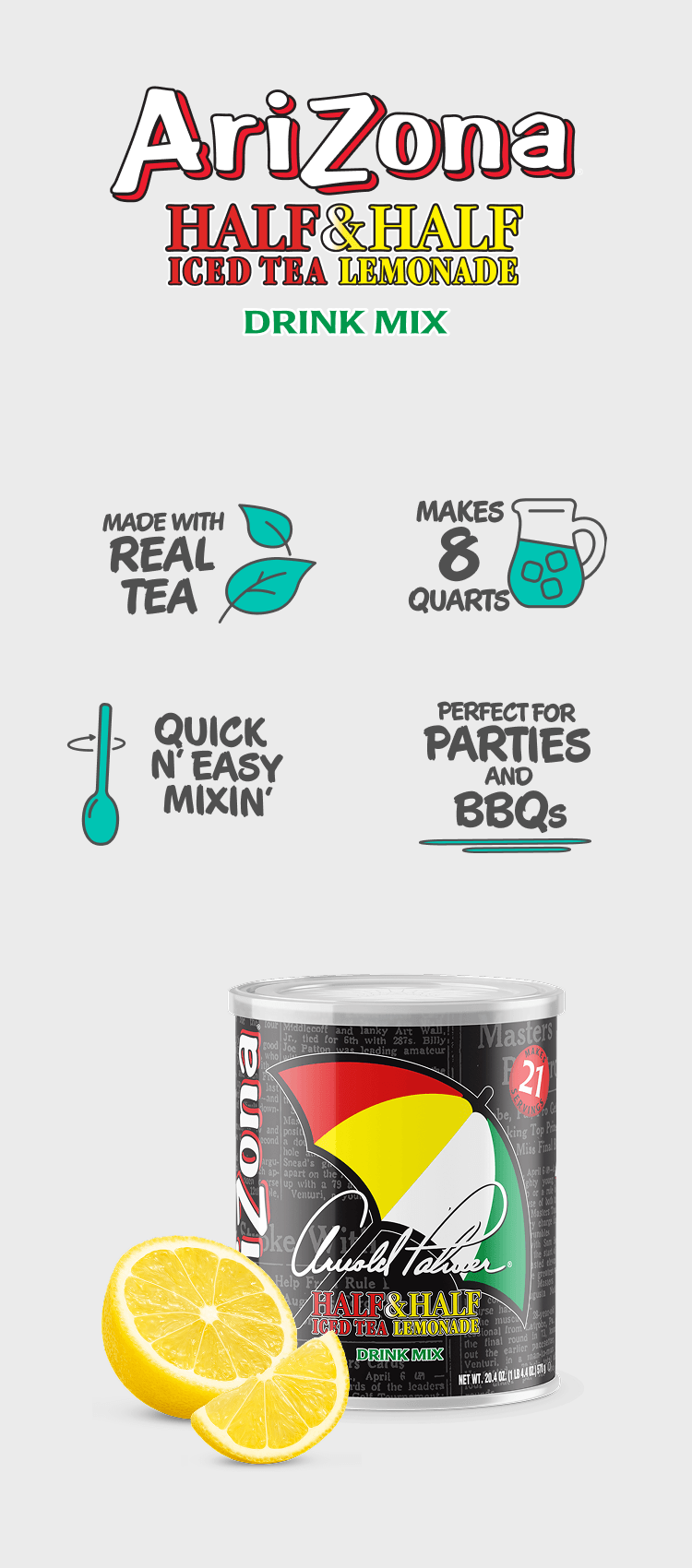 AriZona Half & Half Iced Tea Drink Mix can with lemon slices on a white background