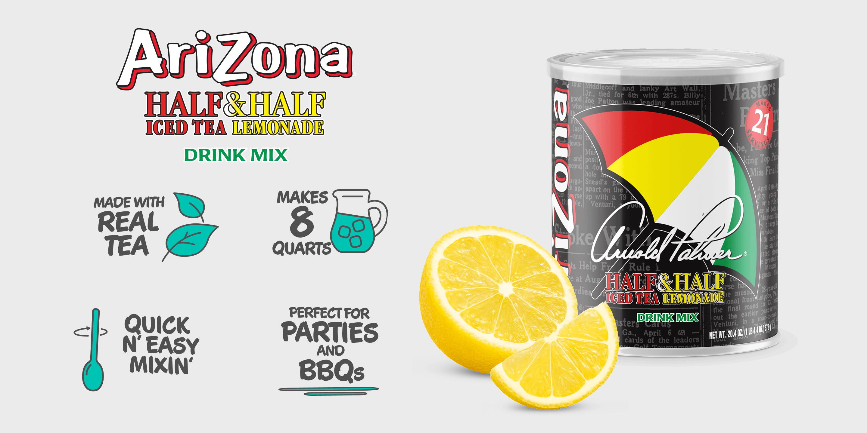 AriZona Half & Half Iced Tea Lemonade drink mix can with lemon slices on a light gray background