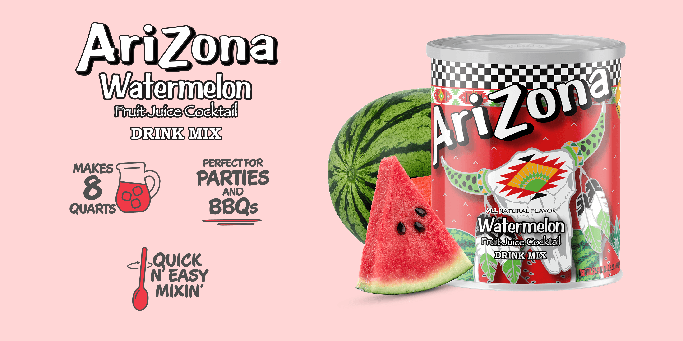 AriZona Watermelon drink mix can with watermelon graphics on a pink background
