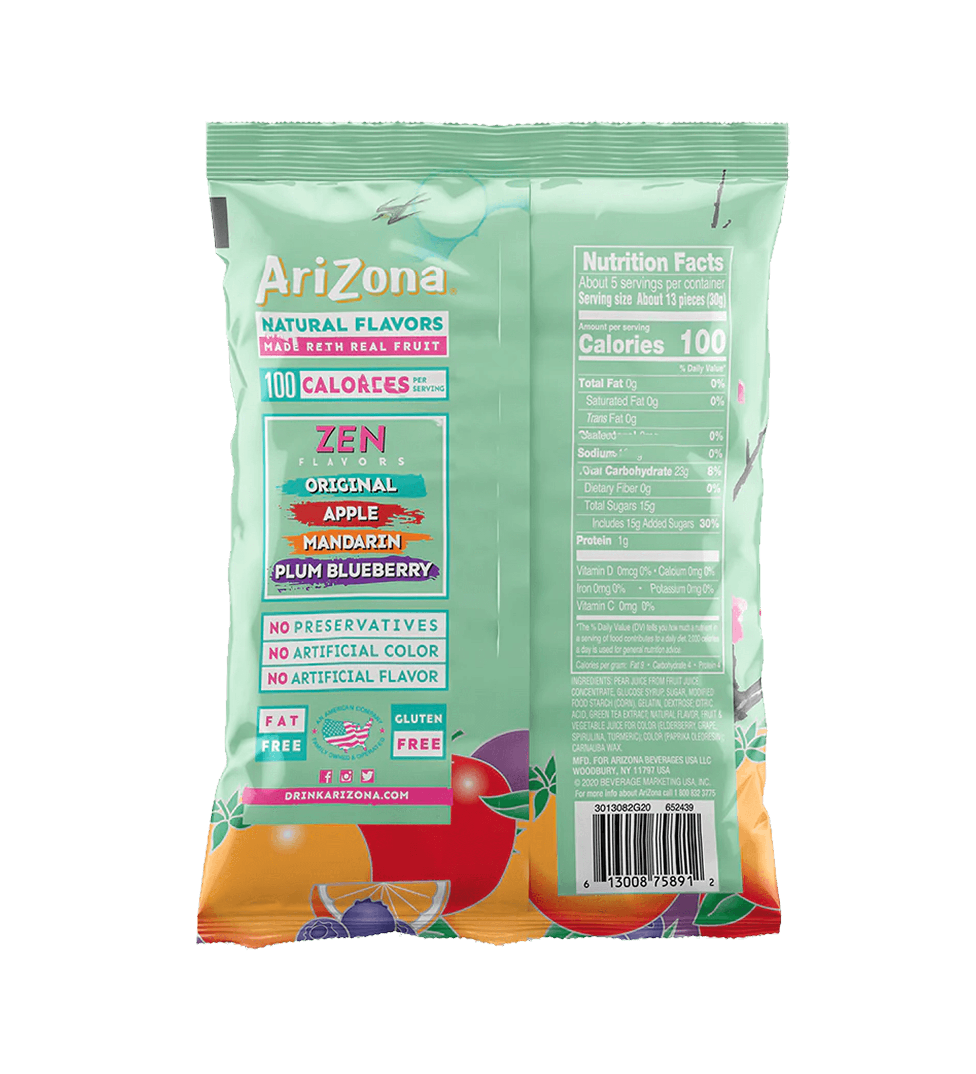 Green Tea 5oz Fruit Snacks Back Label