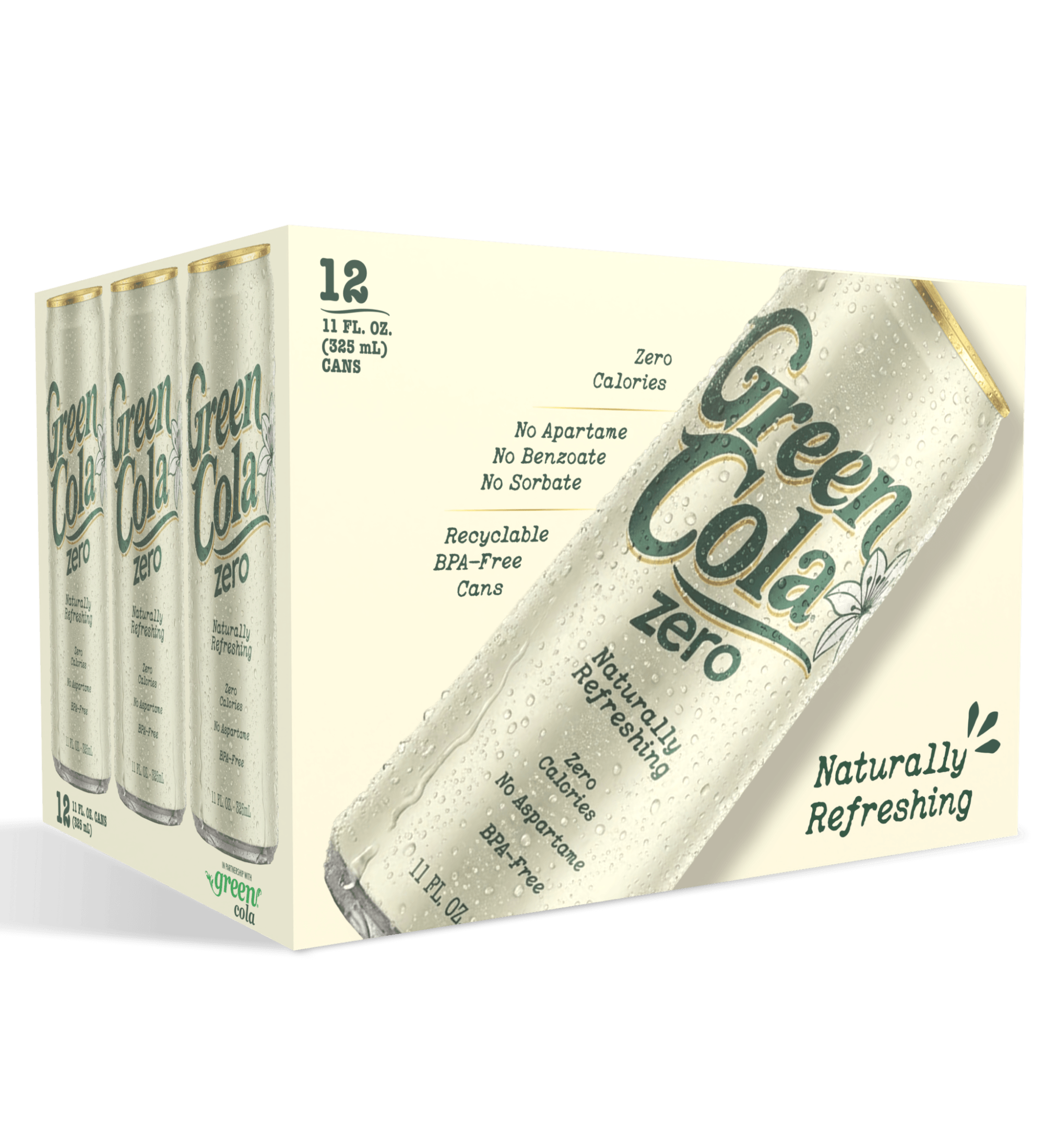 A 12-pack of Green Cola Zero canned beverages in a cream-colored cardboard carton, shown against a solid black background.