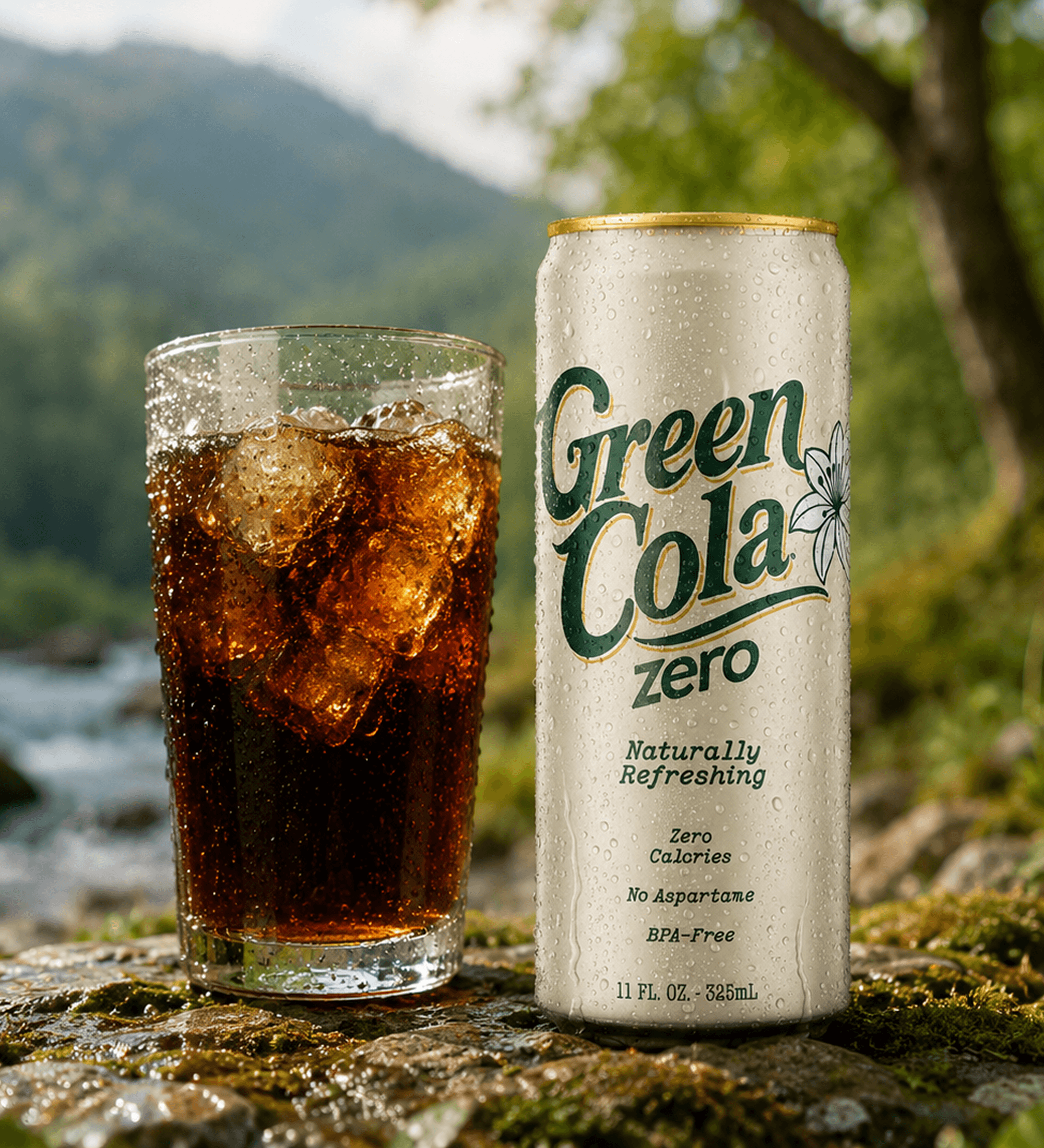 A can of Green Cola Zero soda stands next to a glass of dark cola with ice cubes on a mossy outdoor surface, with a blurred mountain and river background.