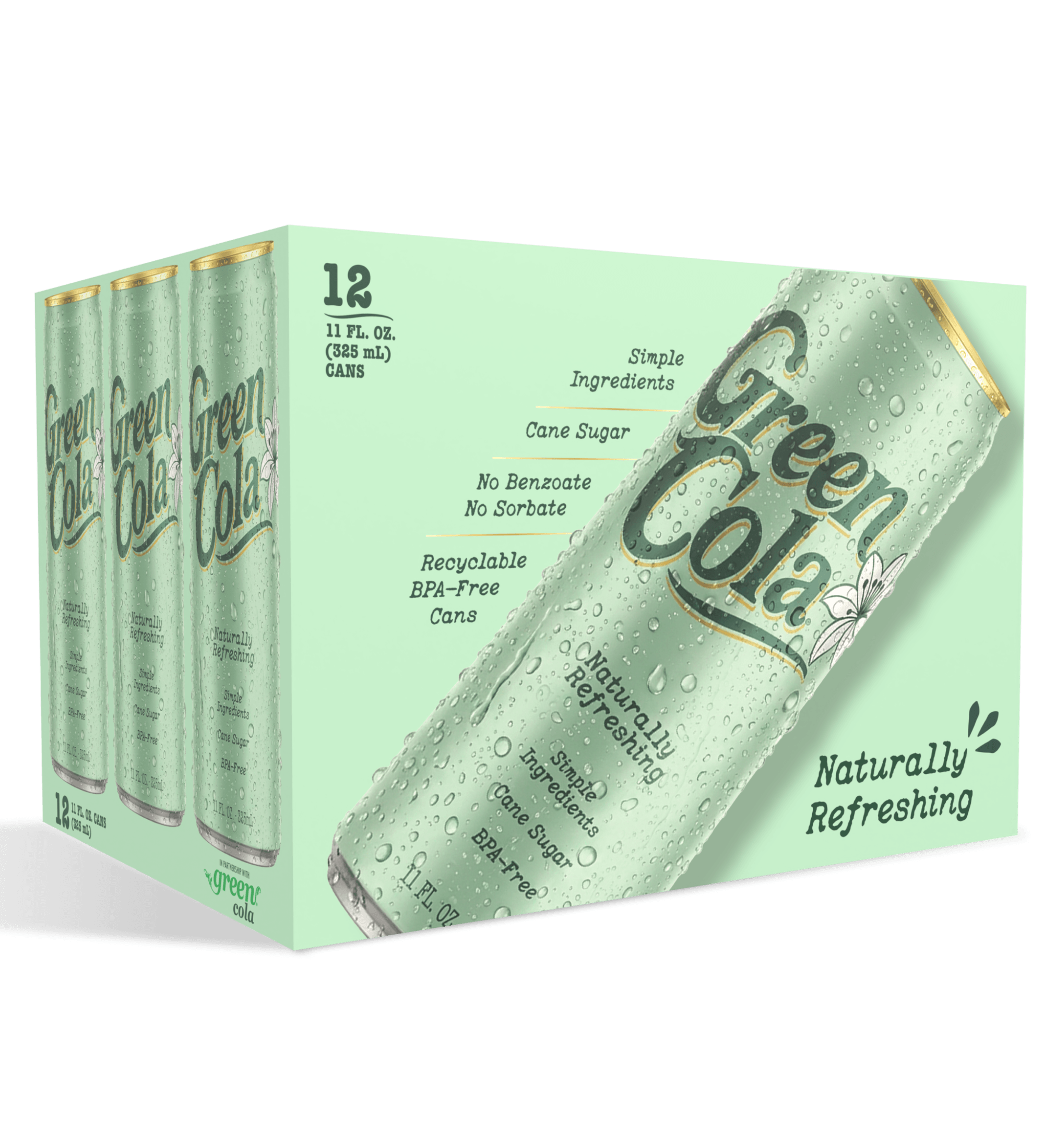 A 12-pack cardboard carton of Green Cola beverage cans on a black background. The packaging is a pale mint green with a large graphic of a water-droplet-covered glass can and black text reading 'Green Cola' and 'Naturally Refreshing.