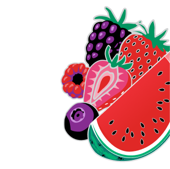 A die-cut sticker featuring a colorful illustration of summer berries and watermelon slices on a white background.