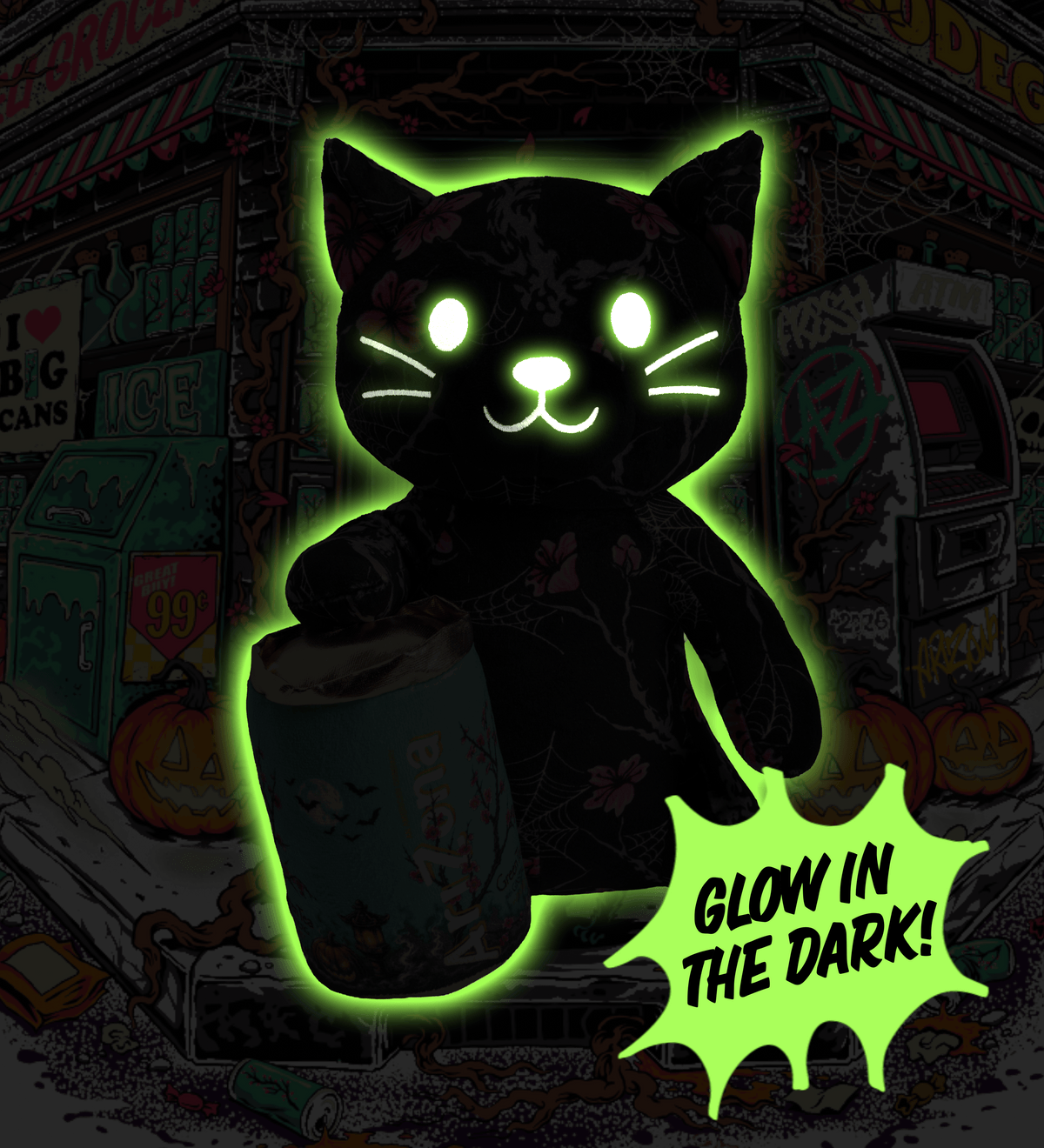 A black cat-shaped glow-in-the-dark product shown against a dark illustrated Halloween storefront background. The cat has a bright neon green glow around it.