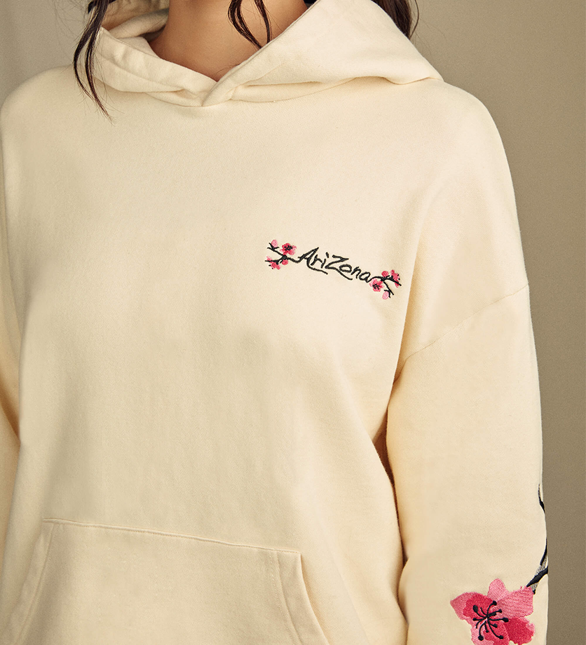Heritage Blossom Hoodie Ivory Lifestyle Image Close Up
