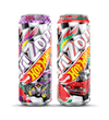 Two colorful soda cans with 'ARIZONA Hot Wheels' branding on a black background