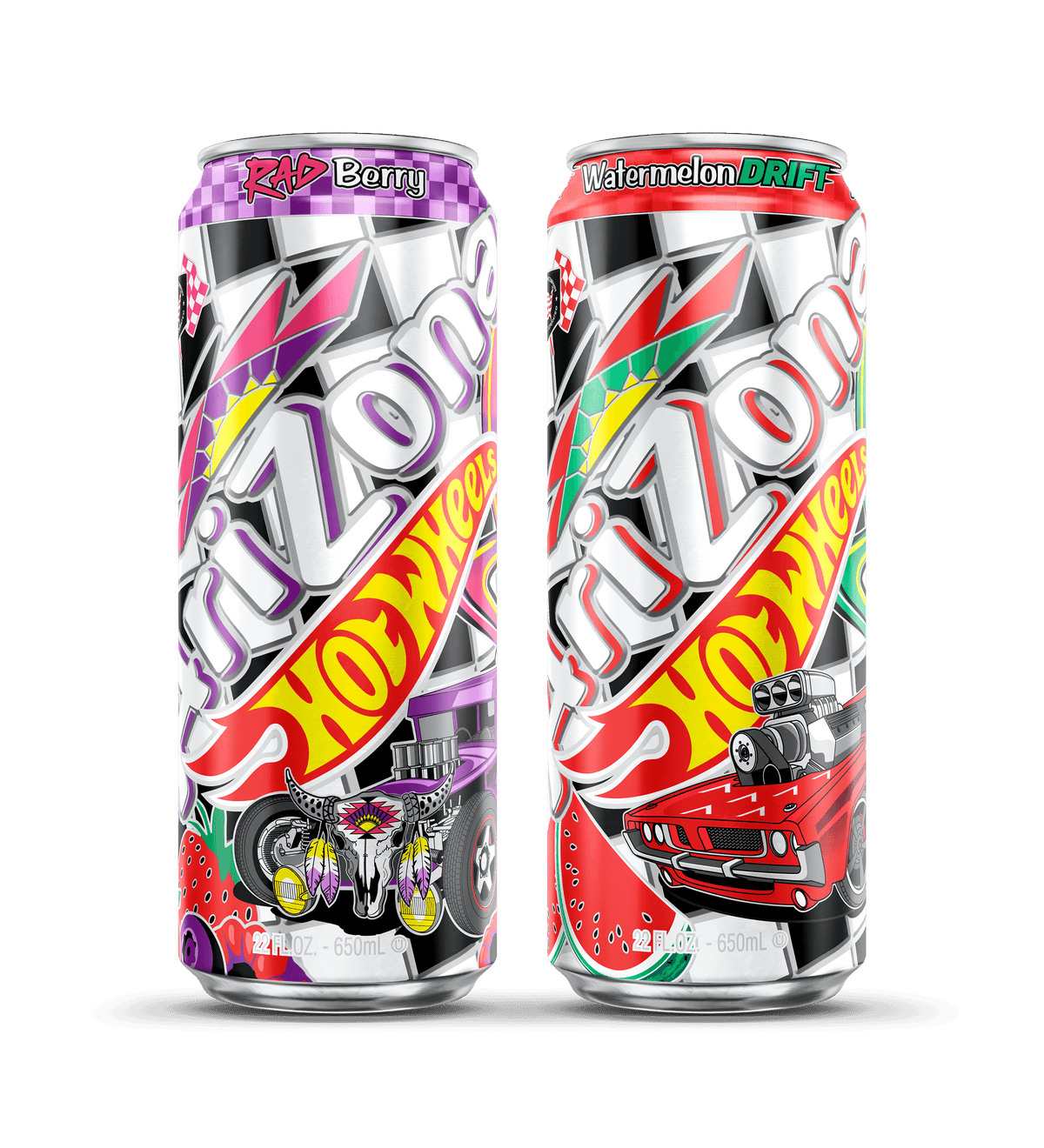 Two colorful soda cans with 'ARIZONA Hot Wheels' branding on a black background