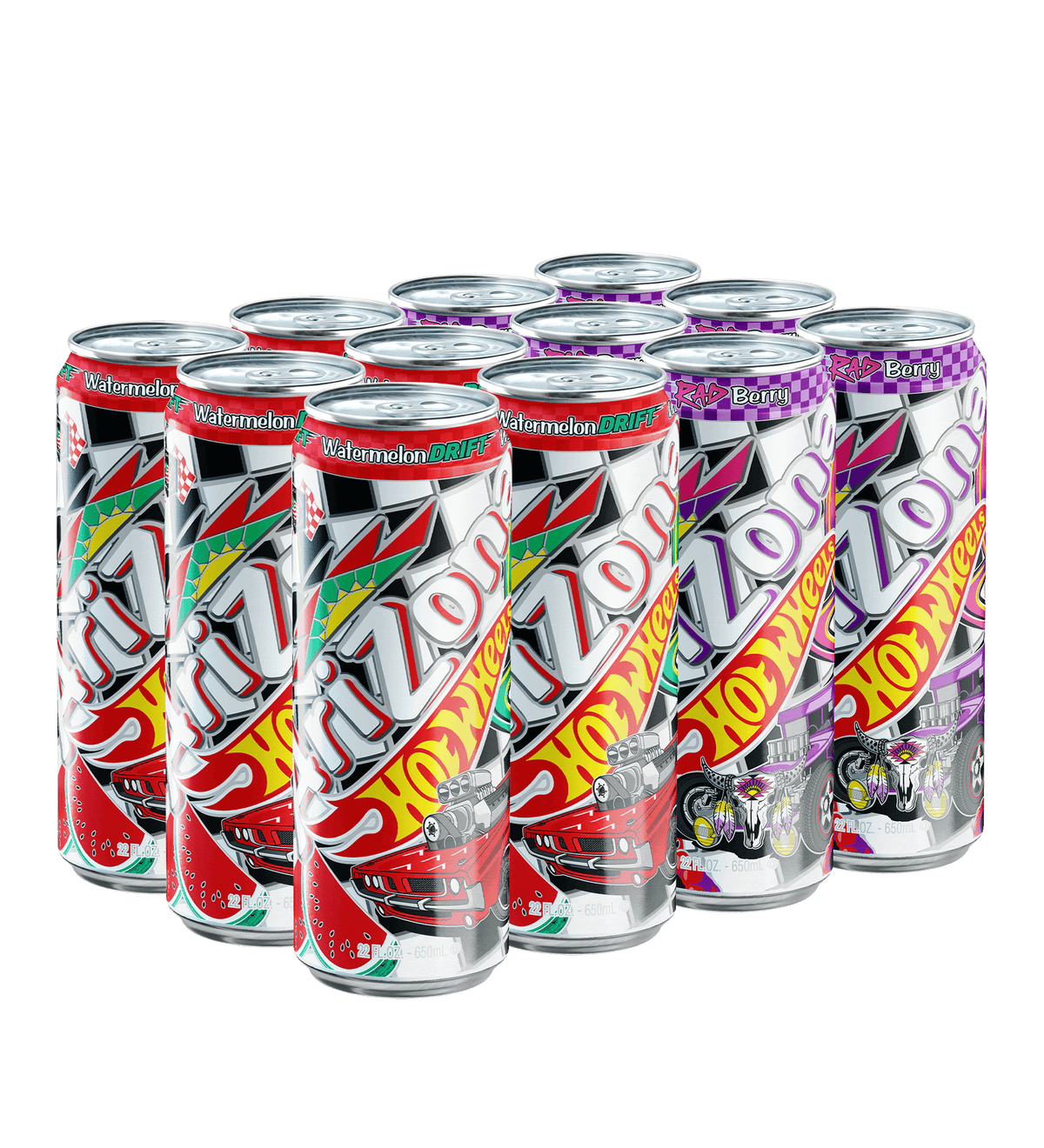 Multiple cans of Arizona Hot Wheels with colorful labels