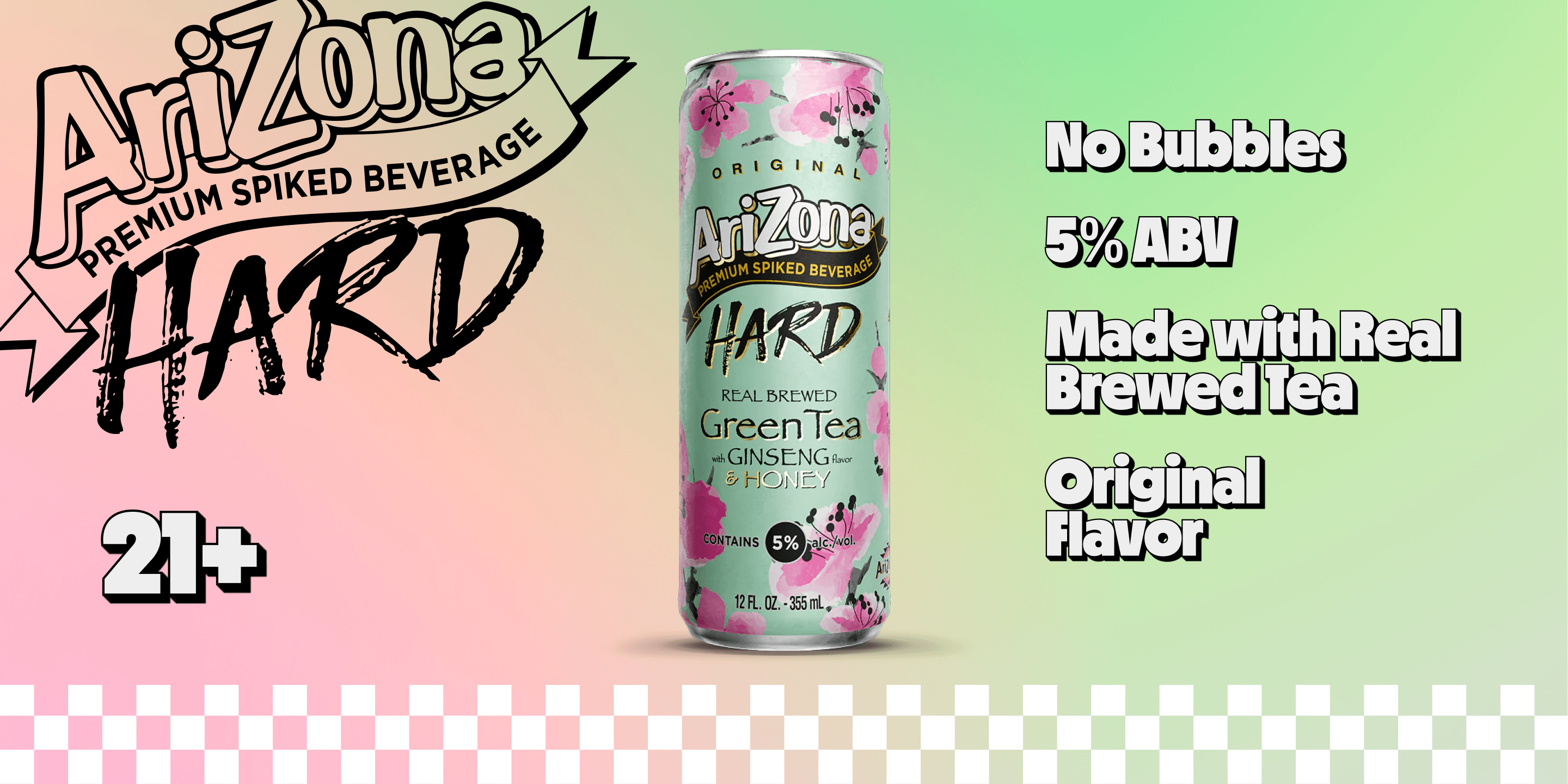 Arizona Hard beverage can with branding and product details on a colorful background. Text reads "no bubbles, 5% ABV, Made with Rea; brewed tea, original flavor, 21+"