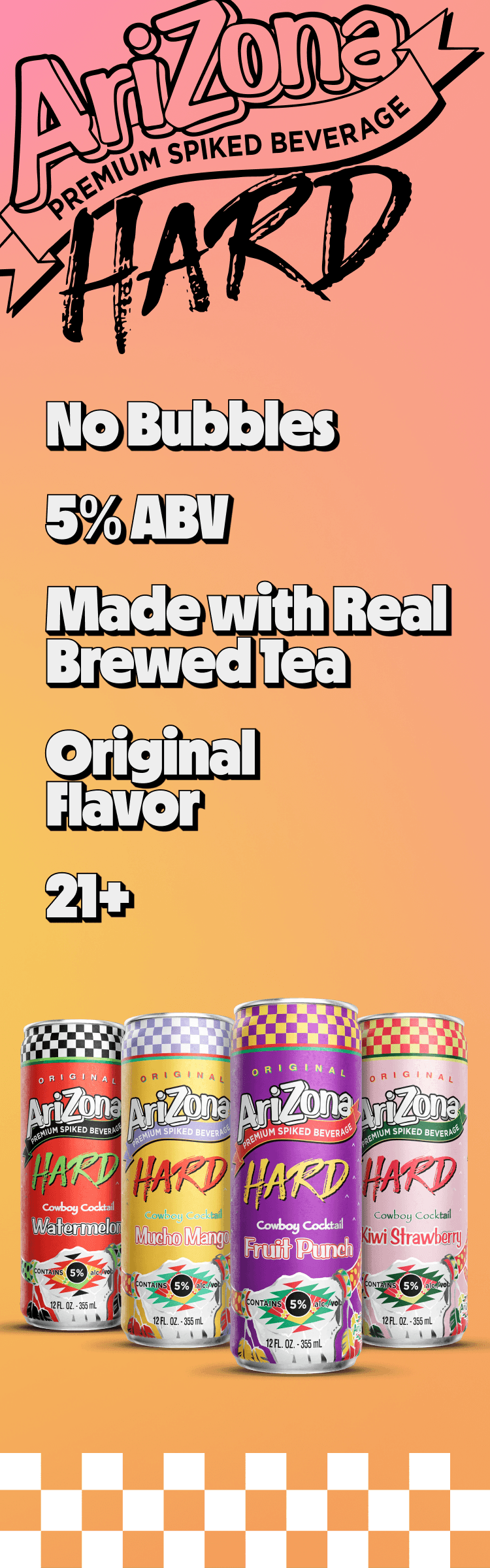 arizona hard juices promotional - no bubbles, 5% abv, made with real brewed tea, original flav, 21+ (vertical)