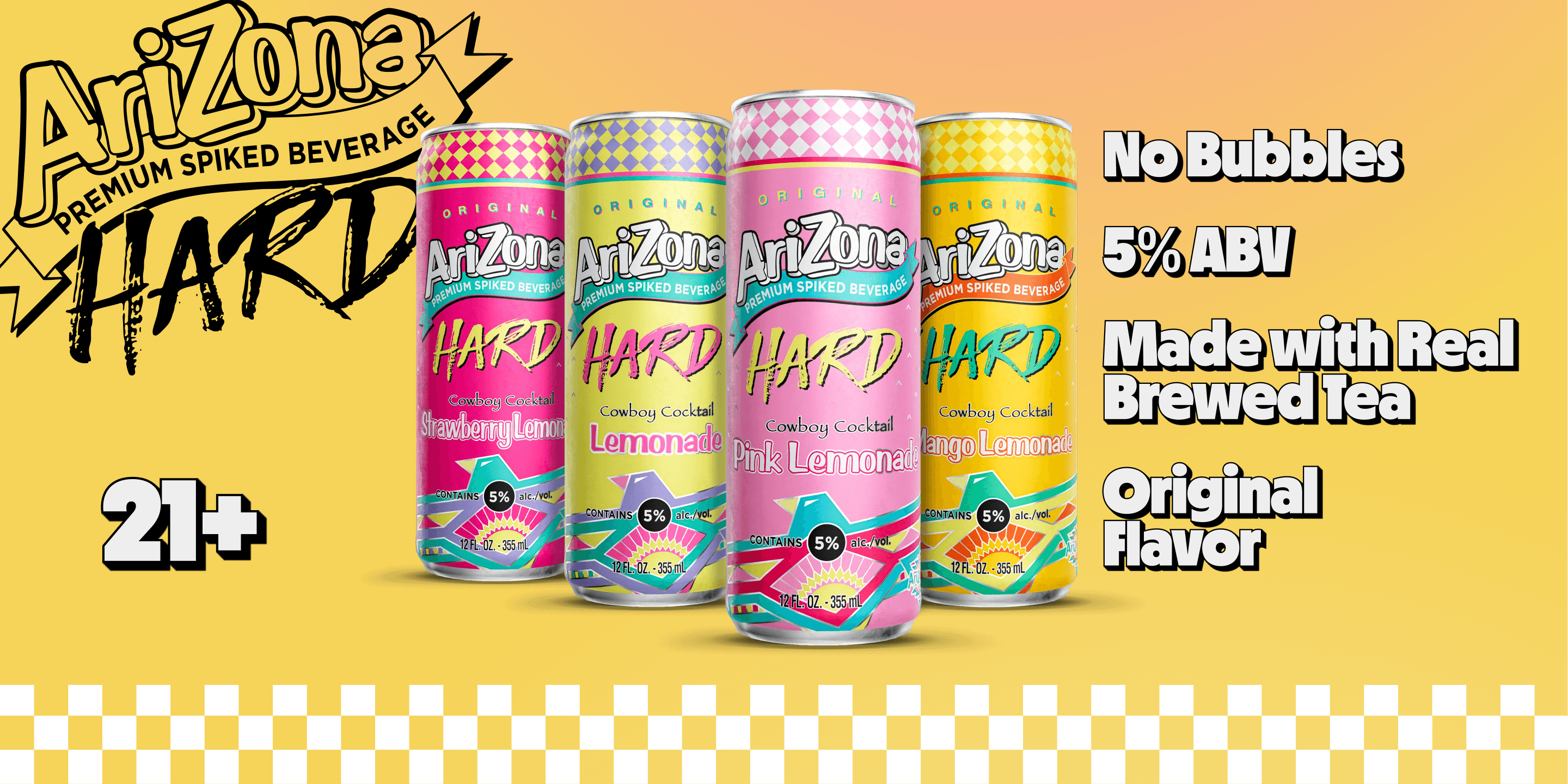 arizona hard lemonades promotional - no bubbles, 5% abv, made with real brewed tea, original flav, 21+